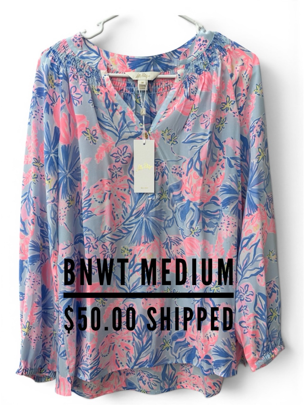 Lilly Pulitzer Pink & Blue Floral Smocked Peasant Top